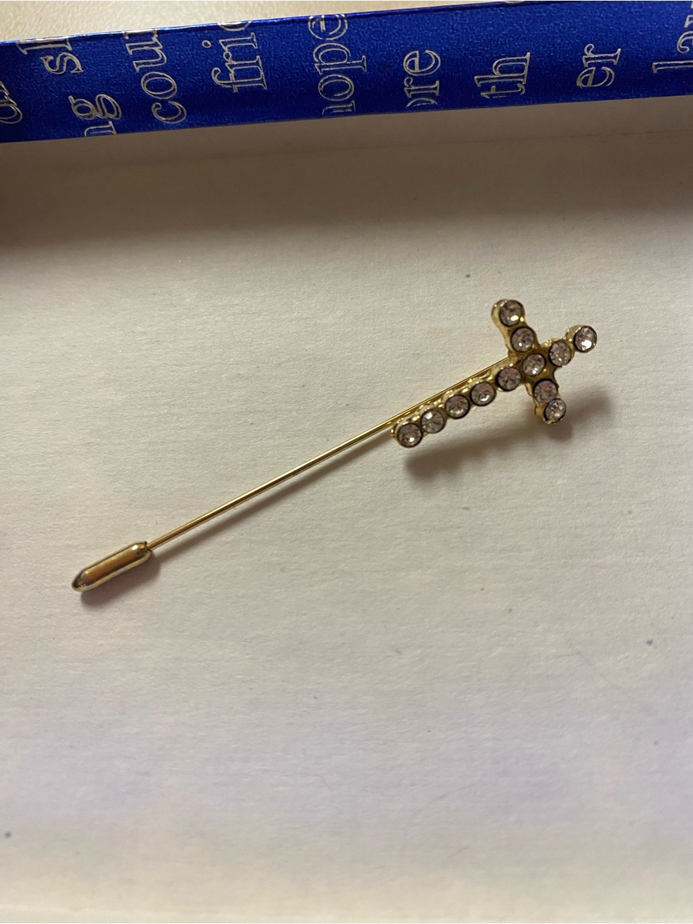 Gold-tone Cross Stick Pin with Clear Crystals - Women Jewelry